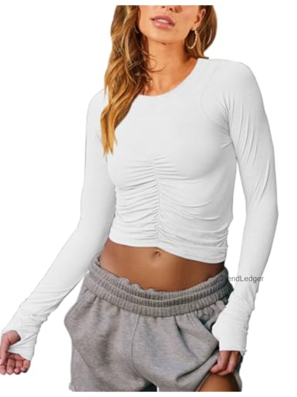 Women's Ruched Slim Fitted Crop Top Long Sleeve Thumb Holes Athletic